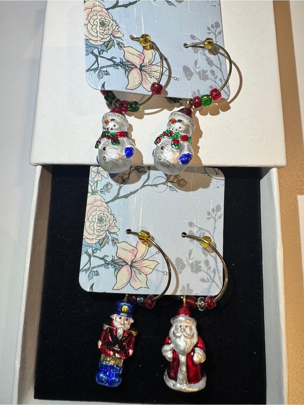 Festive Holiday Charm Hoop Earrings - Christmas Snowman, Nutcracker & Santa